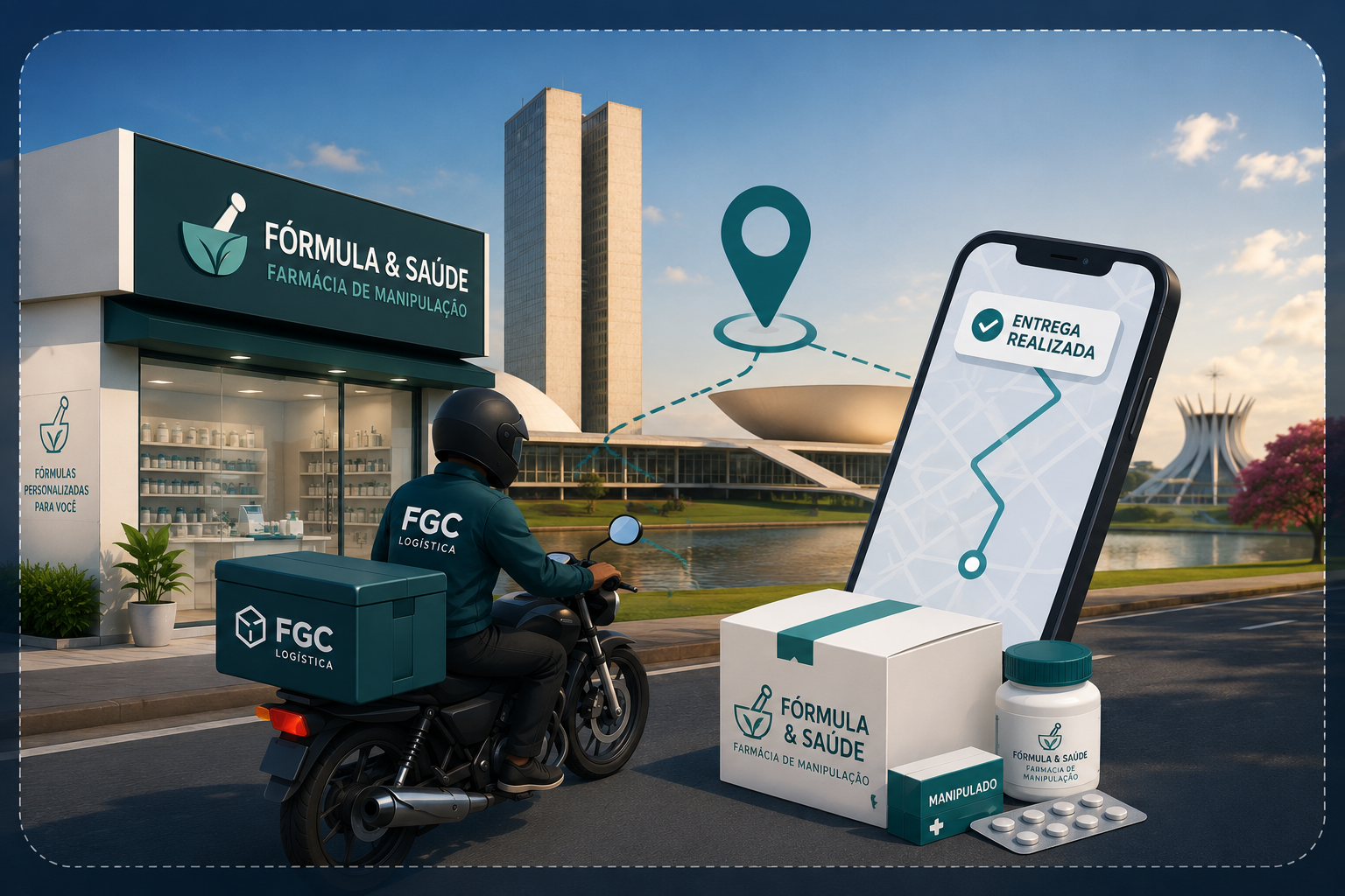 Motoboy da FGC Logística entregando manipulados para farmácia de manipulação em Brasília–DF